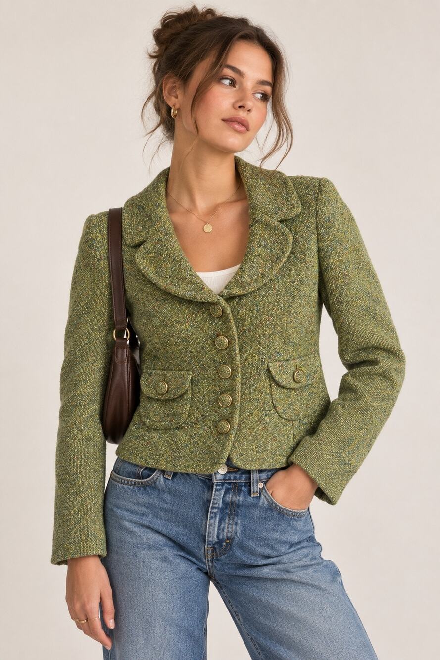Ann Taylor LOFT Y2K Green Tweed Wool Blend Cropped Jacket Blazer Size 10